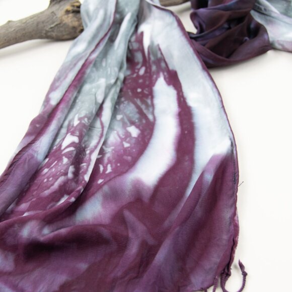 Eolande Tie Dye Scarf | Purple and Gray Hand-Dyed Fringe Rayon Wrap - Picture 3 of 3